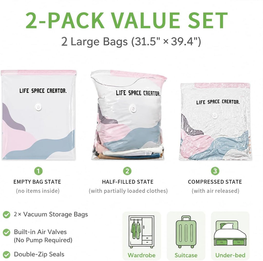 No Pump Vacuum Storage Bags 2 Pcs