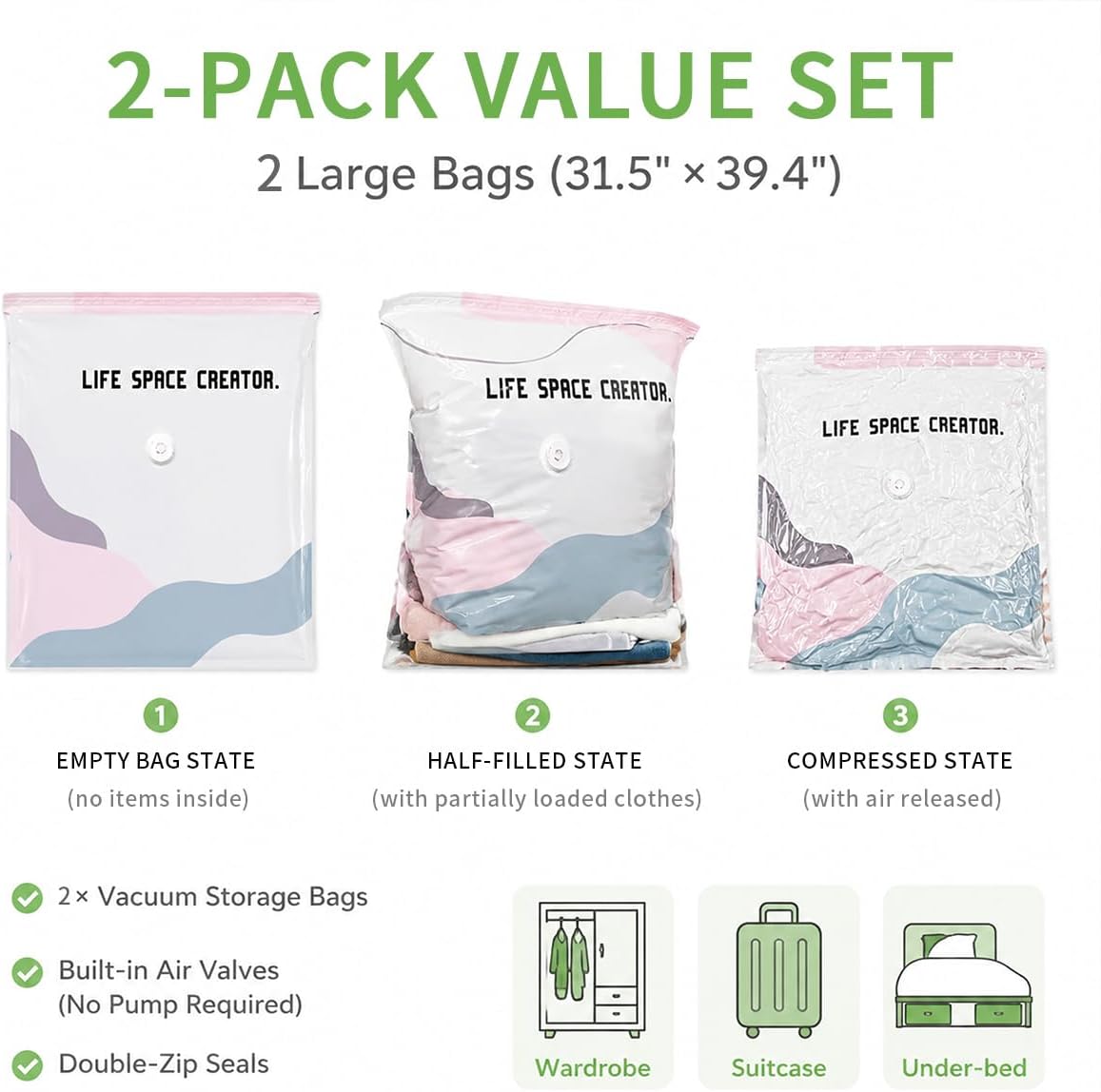 No Pump Vacuum Storage Bags 2 Pcs