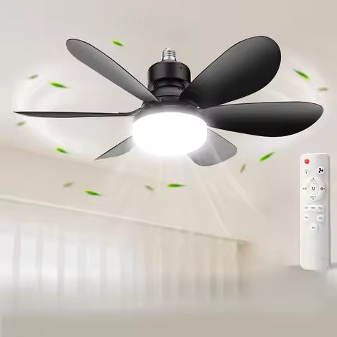 Remote-controlled LED socket ceiling fan for small rooms.