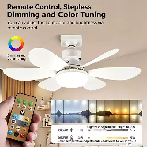 Remote-controlled LED socket ceiling fan for small rooms.