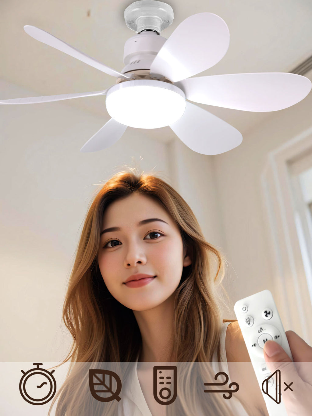 Remote-controlled LED socket ceiling fan for small rooms.