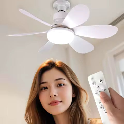 Remote-controlled LED socket ceiling fan for small rooms.