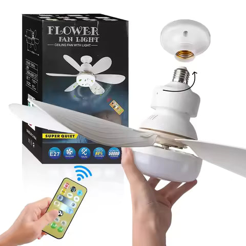 Remote-controlled LED socket ceiling fan for small rooms.
