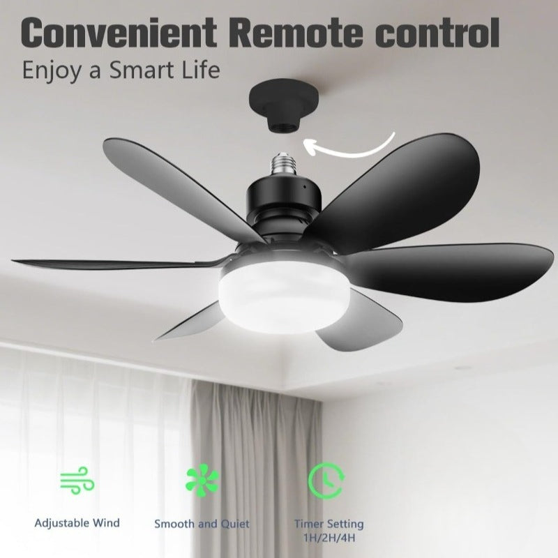 Remote-controlled LED socket ceiling fan for small rooms.