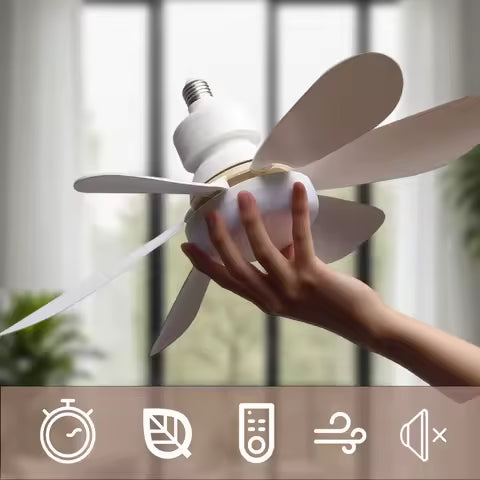 Remote-controlled LED socket ceiling fan for small rooms.