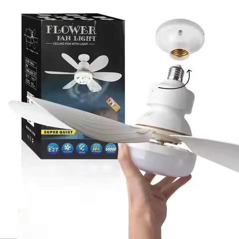 Remote-controlled LED socket ceiling fan for small rooms.